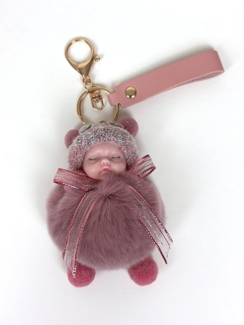 Cute adorable mauve pink Sleeping Baby Doll Pom Pom Keychain Bag Charm. New